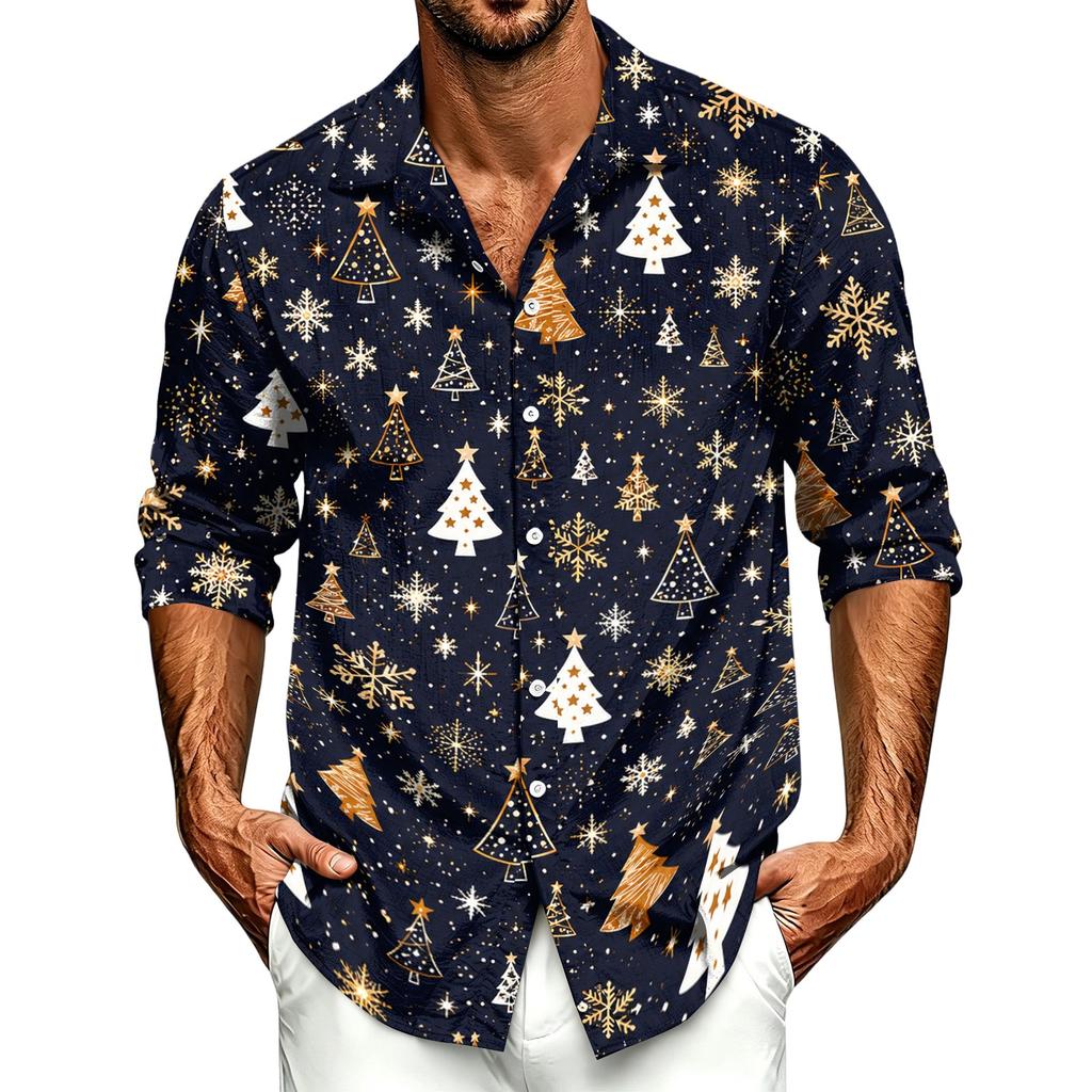 Men's Casual Long Sleeve Shirt with Christmas Print for Spring and Fall