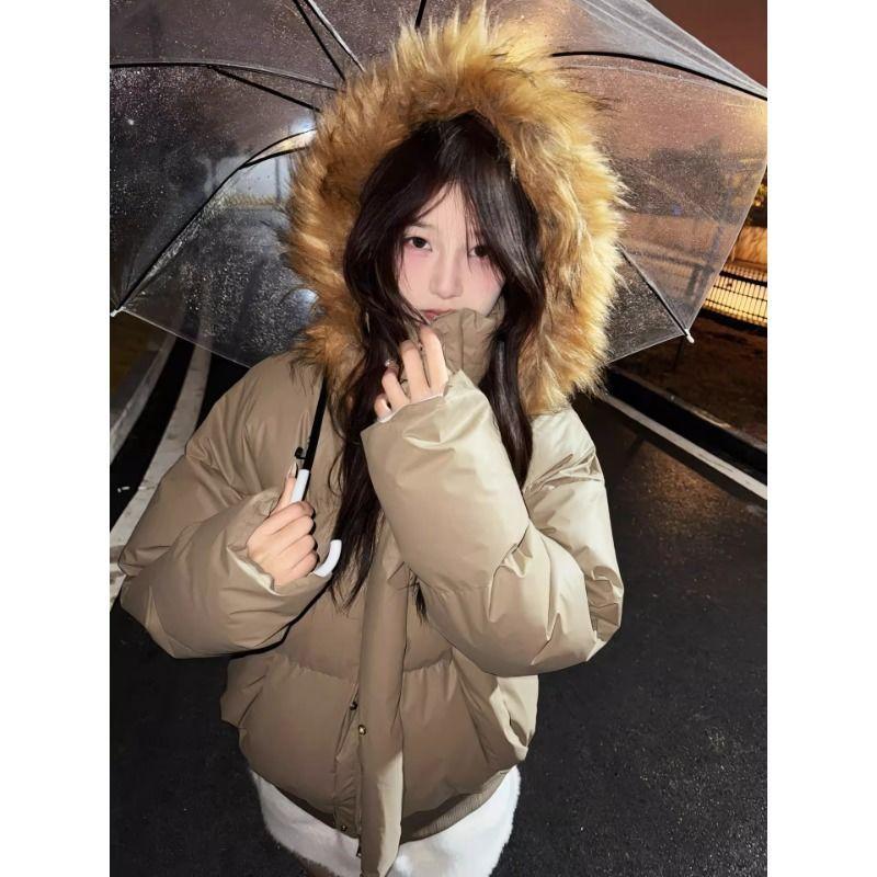 Casual versatile niche fur collar hooded jacket women's winter thickened warm loose simple down cotton-padded coat