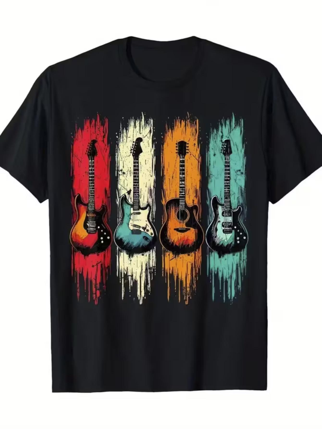 

Men s Retro Music Tee - 100% Cotton Black T-Shirt with Vintage Guitar & Graphics, Short Sleeve Round Neck Casual Shirt for Music Fans, - Fit 5XL різнокольоровий