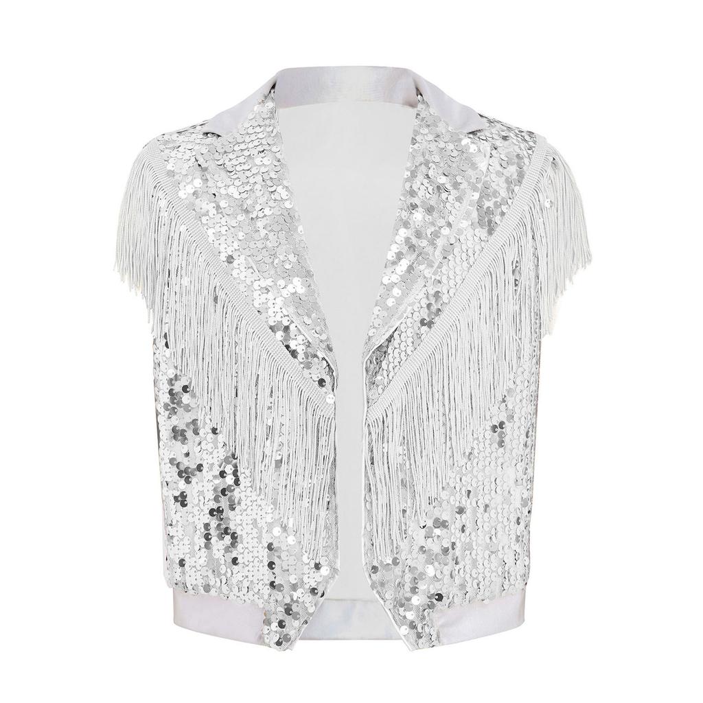 Gilet de Performance Scénique Danse Jazz pour Garçons à Franges Paillettes Scintillantes Revers de Couleur Contrastante Haut Sans Manches