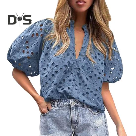 

Женская рубашка с воротником-стойкой и V-образным вырезом, коротким рукавом, ажурным вышитым цветочным узором, кружевная блузка, повседневные нарядные топы L синий/серый