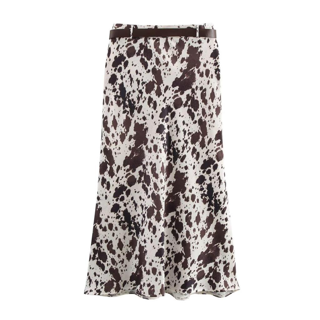 2025 Spring Slim High-Waisted Belted Animal Print Midi Skirt for Women - Sexy & Sophisticated