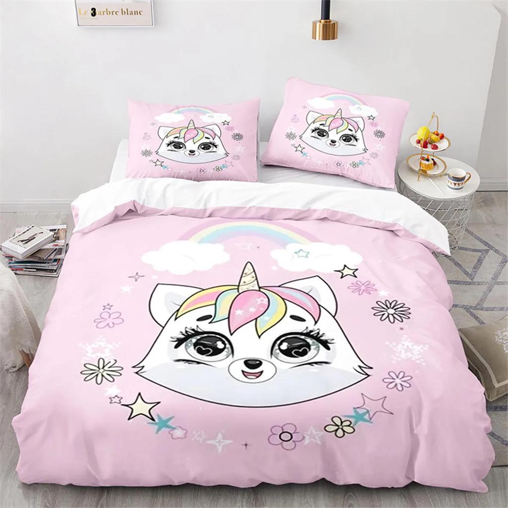 Kids Unicorn Duvet Cover Cartoon Magical Animal Microfiber Cute Rainbow Cat For Children Girls Teen Gifts For Bedroom Decoration