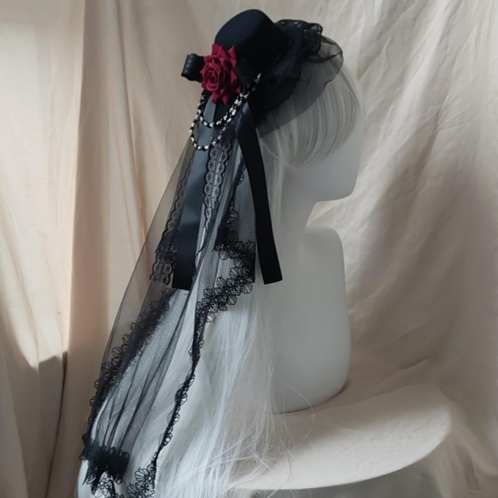 Pălărie Lolita Neagră sau Albă, cu Flori, Decor cu Fundă, Elegantă, Pălărie Înaltă, Voal Gotic, Pălărie Înaltă cu Trandafir, Bărbați
