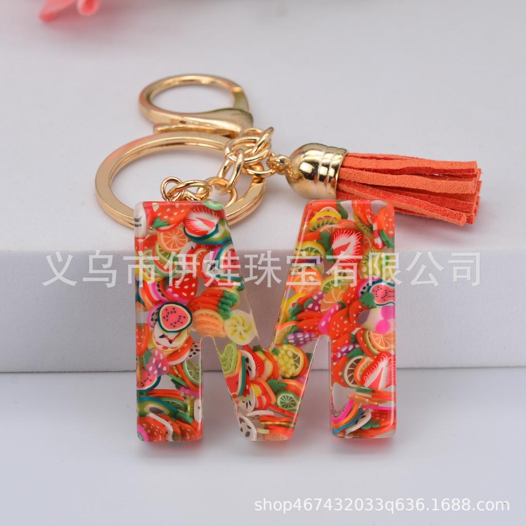 Fruit Slice Letter Keychain with Crystal Epoxy Resin & Tassel - Women's Bag Accessory