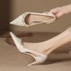 Autumn New Ice Silk Hollow Pearl High Heels Women's Thin Heel Temperament Advanced Sense Shallow Mouth Pointed Single Shoes Women