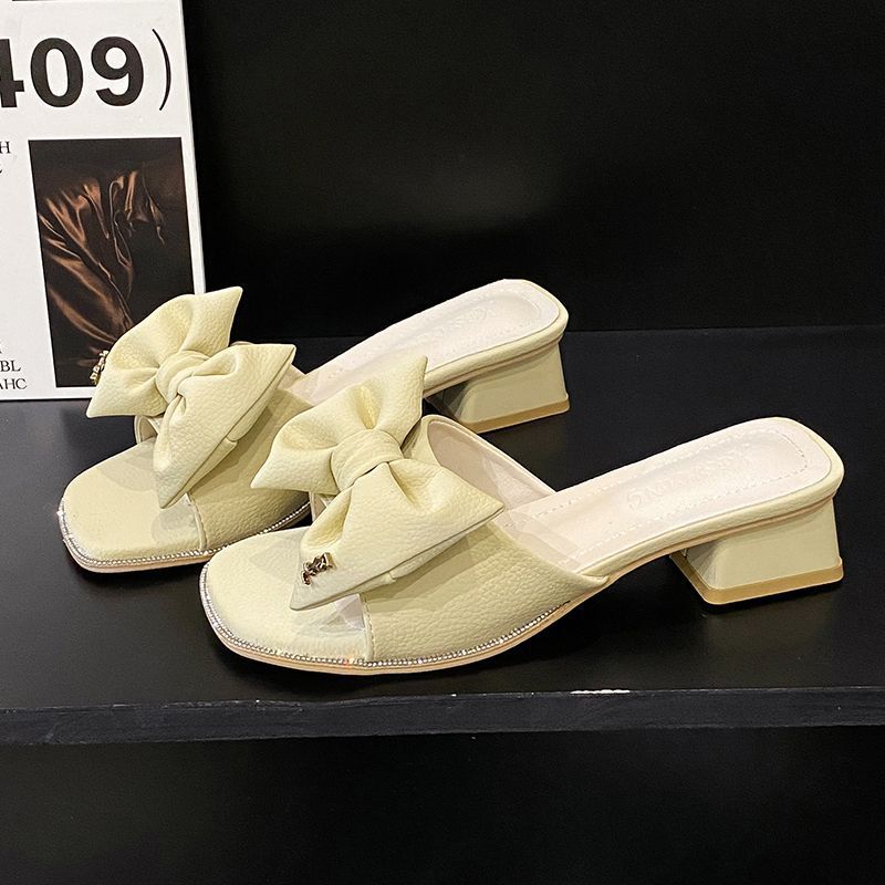 Transparent slippers female sexy bow sandals 2025 summer new fashion open-toe wear high-heeled thick heel half-tow