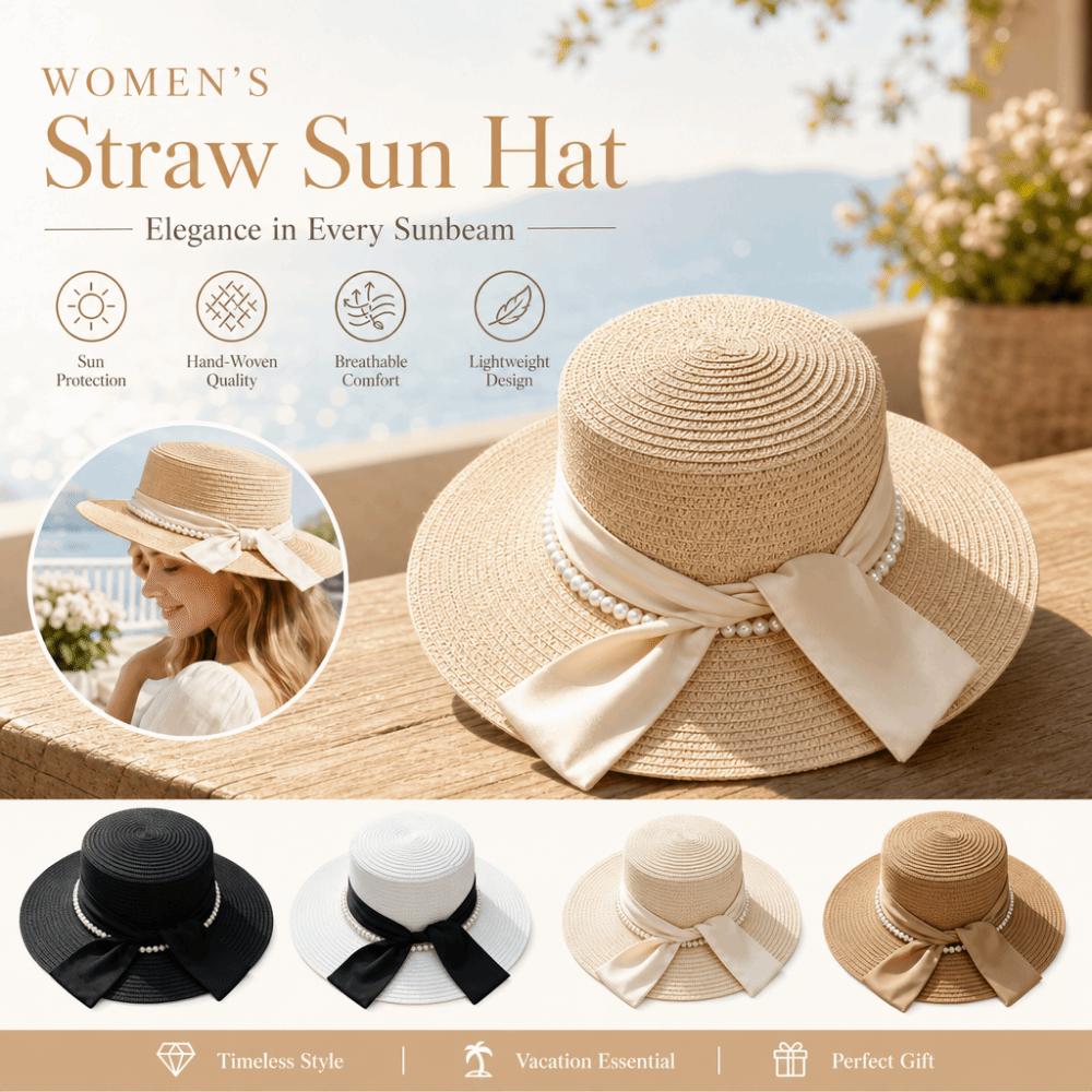 Beads Chain Straw Hat Silk Bow Beach Hat French Sun Visor Hat Travel Vacation