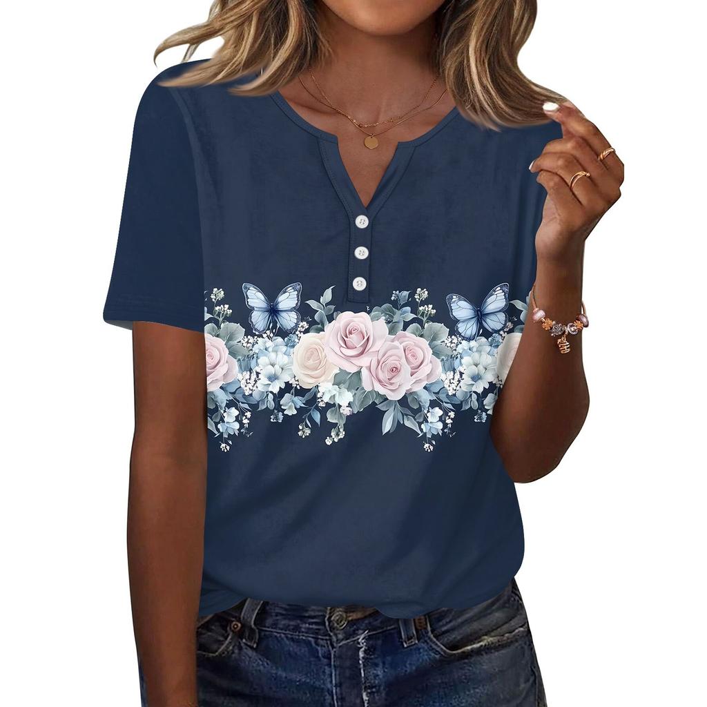 Women's T Shirt Print Button Short Sleeve Daily Weekend Fashion Basic V- Neck Regular Top