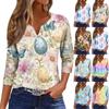 Women's Fashion Casual Easter Printed V-neck Short Sleeve Decorative Button Seven Sleeve T-shirt Top