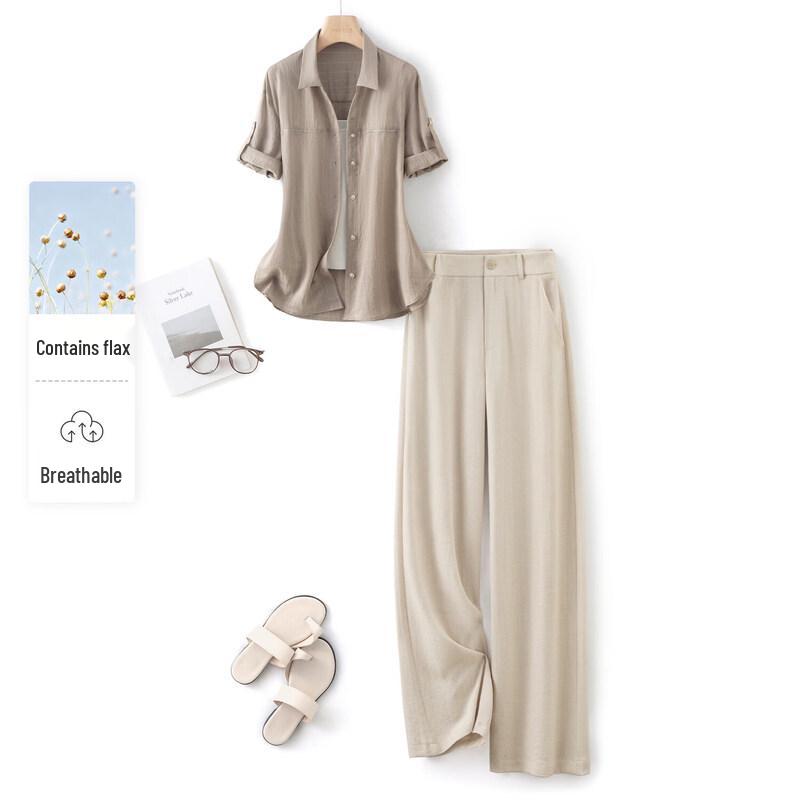 IHIMI Old Money Style Linen Shirt and Pants Set L