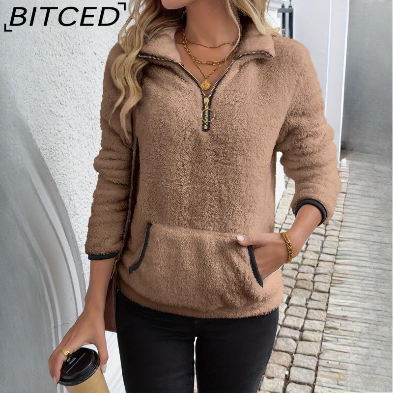 Женская флисовая толстовка BITCED на осеньзиму с воротником-стойкой и карманом на молнии удлиненная XXXL верблюд 1630₽