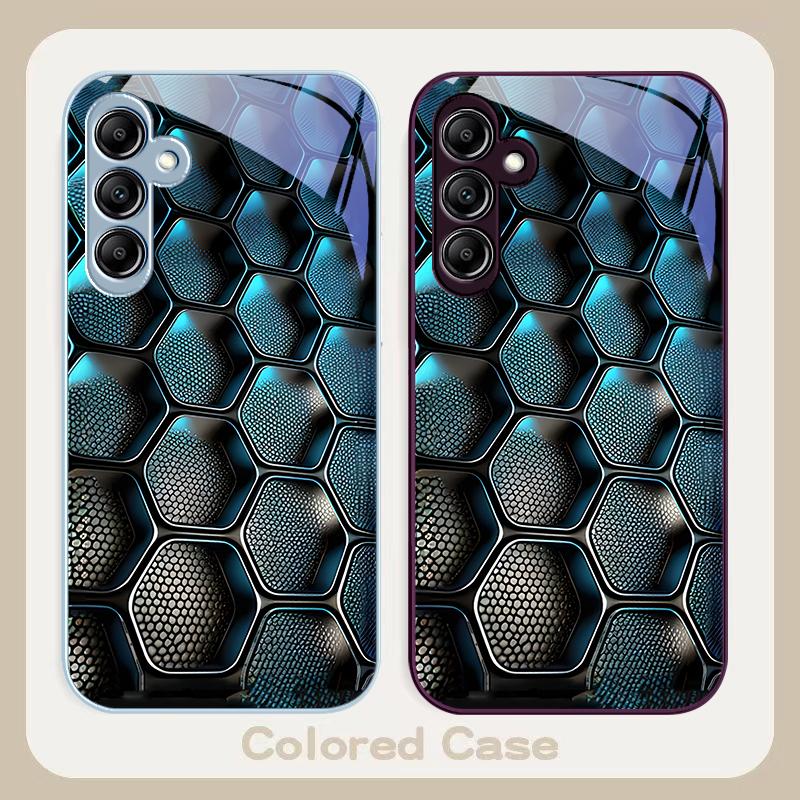 Blue Gradient Grid For Samsung Galaxy A01 02 03 Core A04 A14 4G A13 54 34 31 20 25 23 22 5G S21 Ultra S20 Glass Phone Case