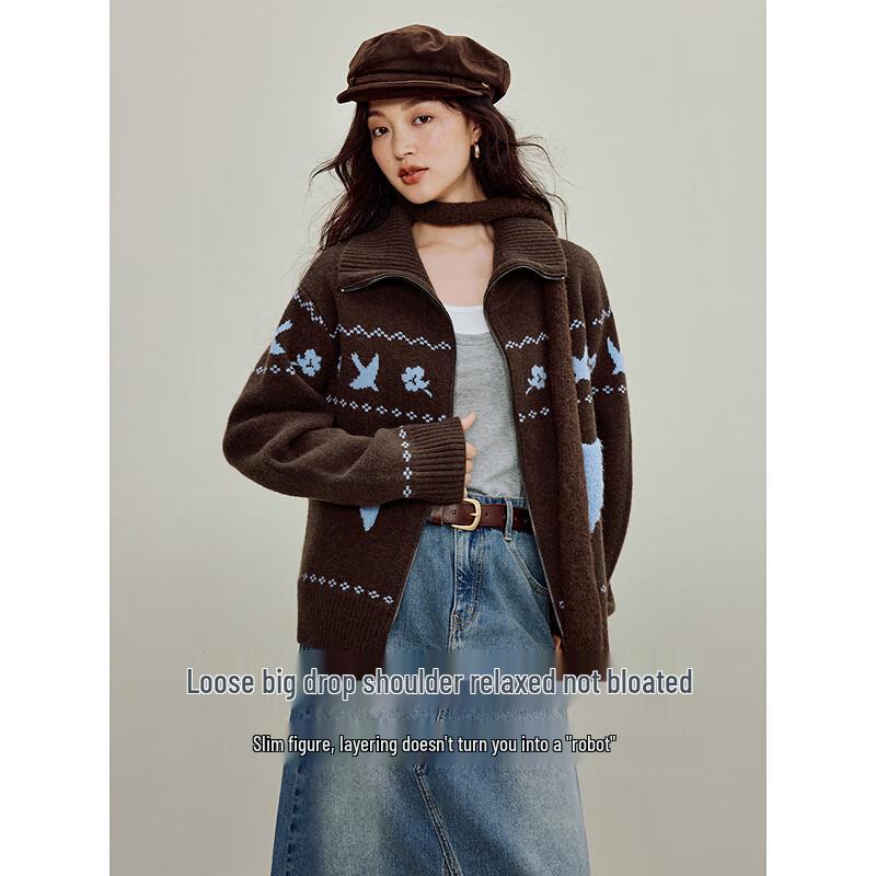 INMAN Women's Jacquard Turn-down Collar Knit Cardigan