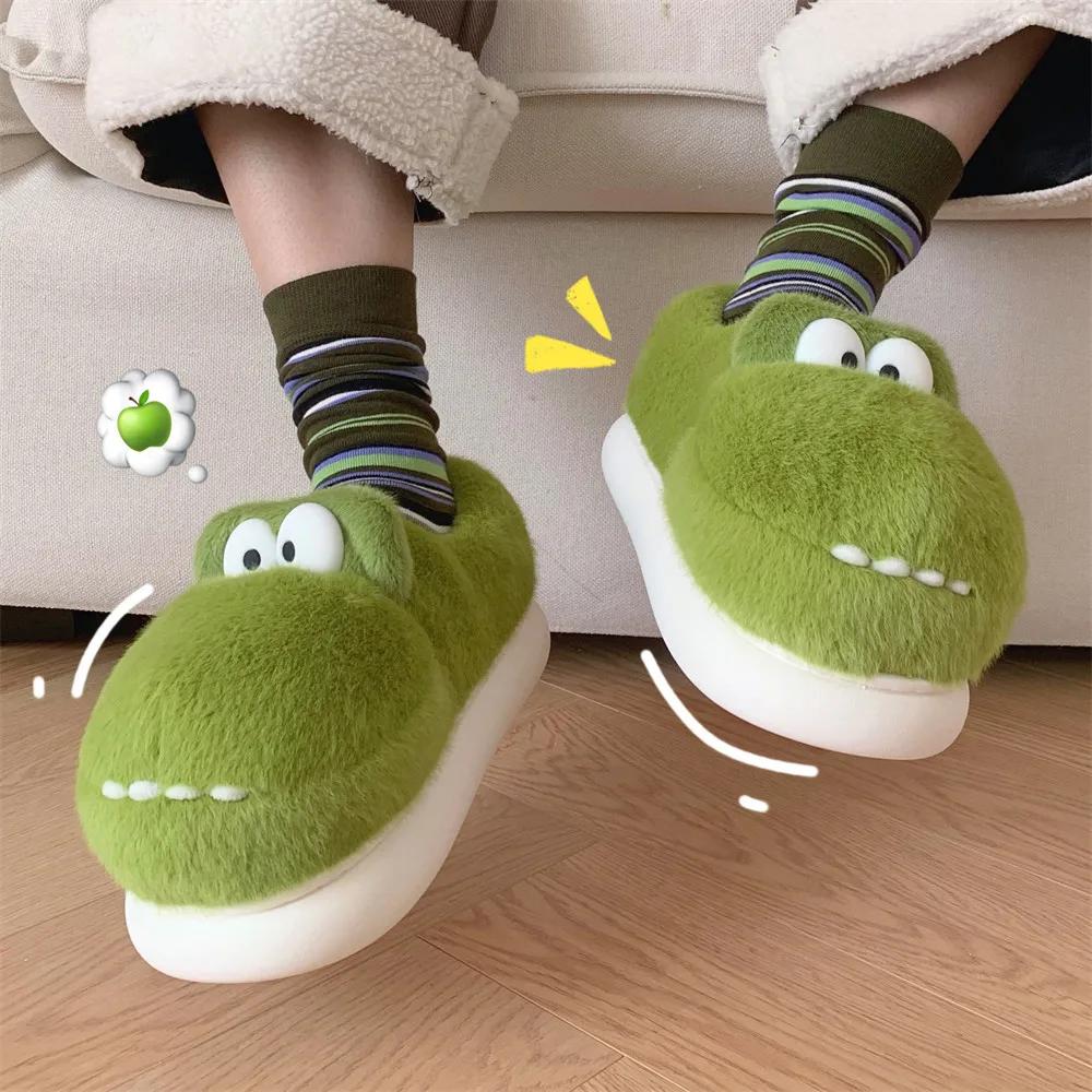 Fashion Cute Crocodiles Winter Shoes New Women Indoor Slipper Soft Heel Platform Fur Warm Comfortable Fluffy Couples Home Slippers