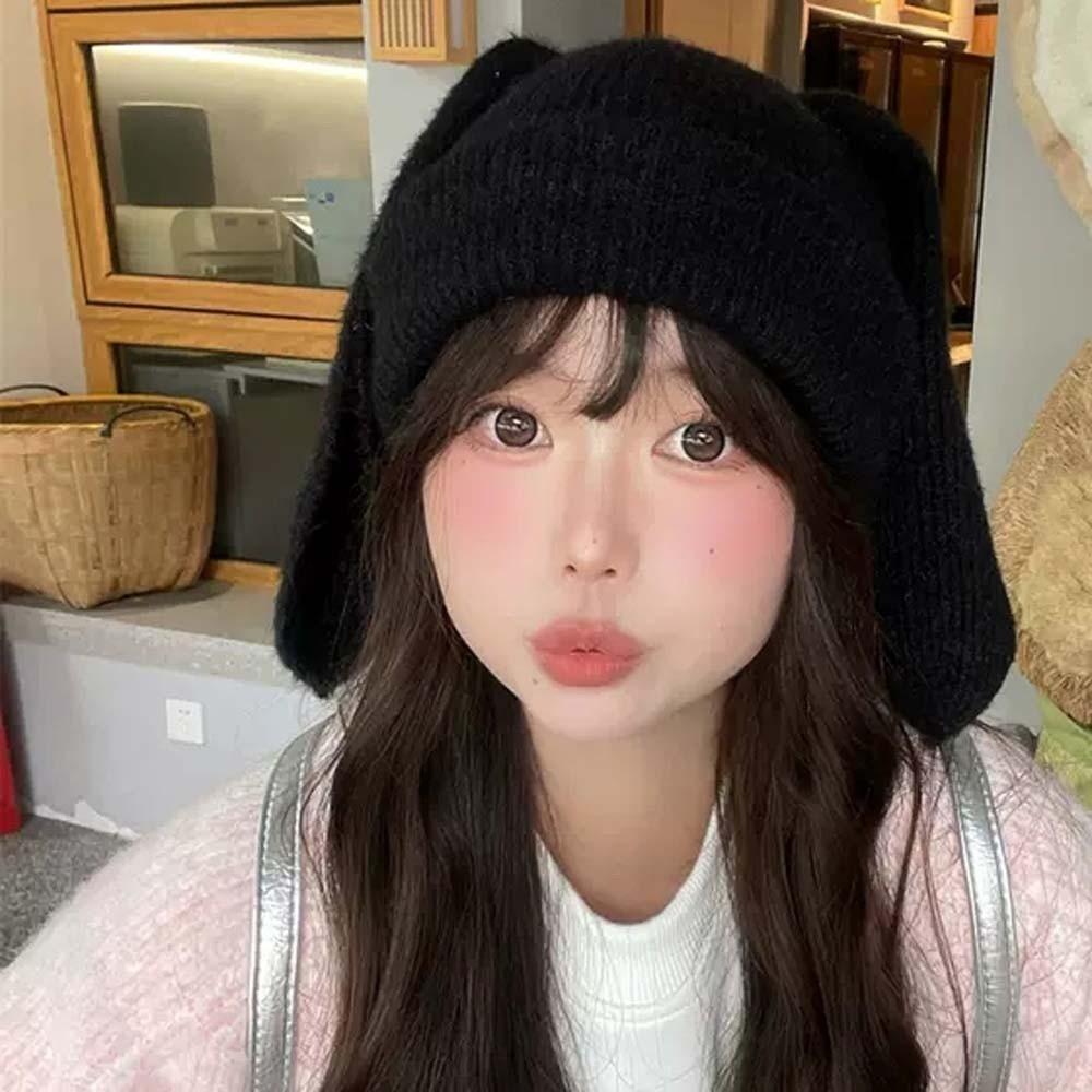 Elastic Rabbit Ears Cap Trendy Solid Color Knitted Hat Versatile Brimless Beanie Hat Outdoor