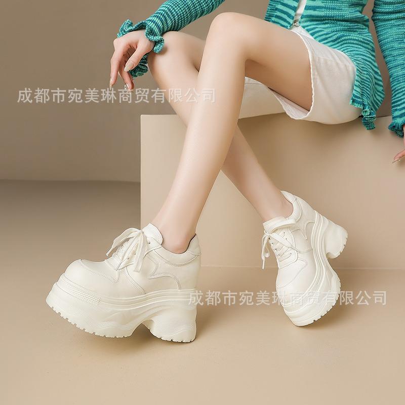 12Cm inner height increase muffin thick-soled leather single shoes spring new waterproof table small thick heel lace-up casual leather shoes