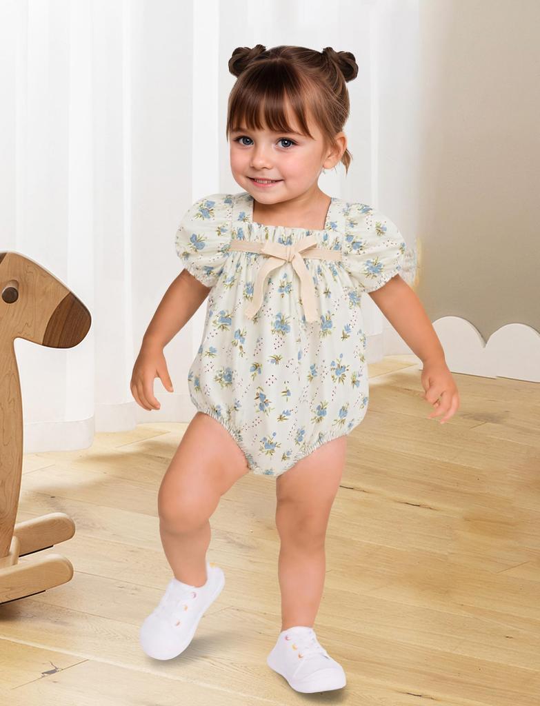 Girls Rompers Baby Coveralls Bodysuit Baby Clothes Short Sleeve Cute Stretch Ribbon Cotton Comfortable Ruffle Floral Summer Newborn 90cm [Maeau] #01