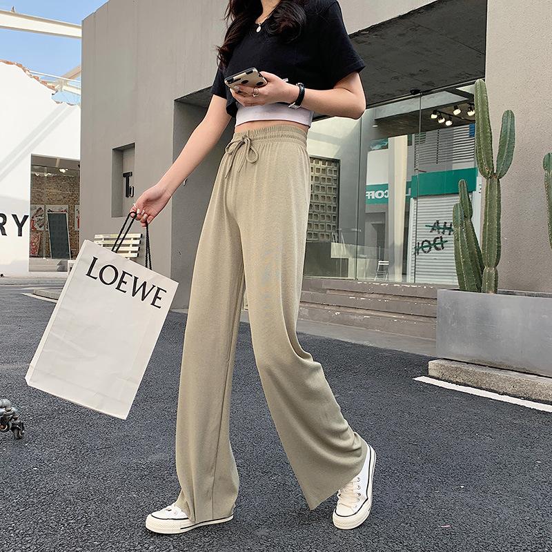 Summer Ladies Ice Silk Light Wide Leg Trousers Girl Solid Color High Waist Loose All-match Straight Casual Pants