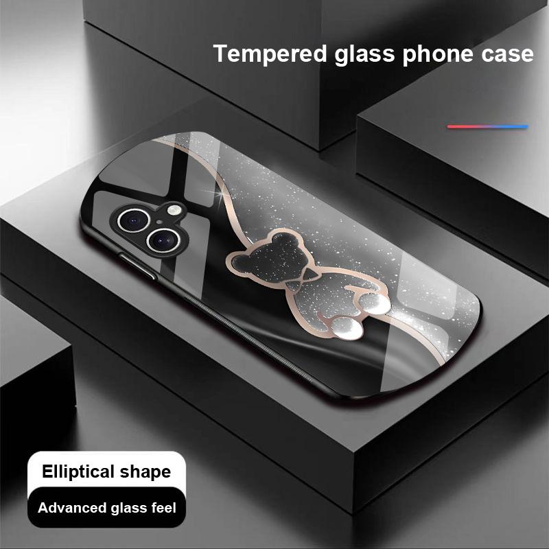 Trompe L'oeil Bear For Apple IPhone 16 11 13 15 14 Pro Max 12 Mini 7 8 Plus XR X XS Elliptical Shaped Tempered Glass Phone Case