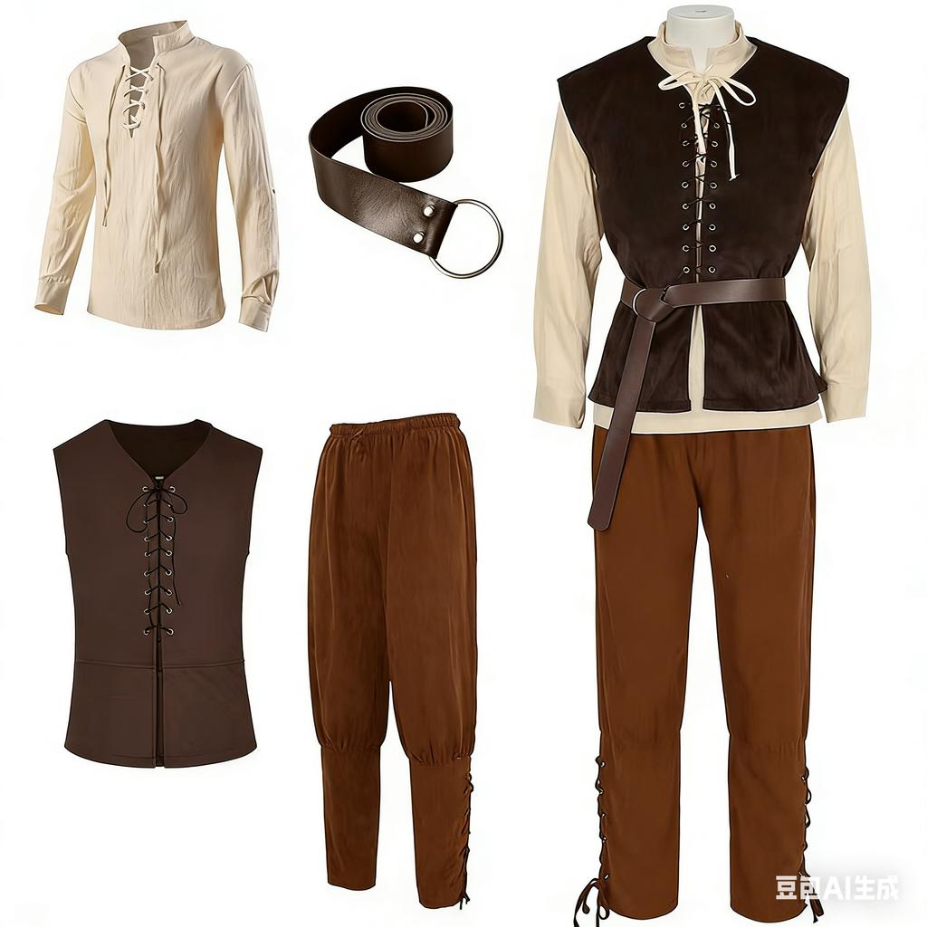 4 Pcs Men's Halloween Renaissance Costume Set Medieval Vest Shirt Ankle Banded Pants Viking Belt Armband Pouch