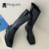 Fashion Retro Square Toe Knight Botas Female Low Heels Motorcycle Boots Women Pu Leather Shoes Solid Slip On Mid-calf Booties Femme