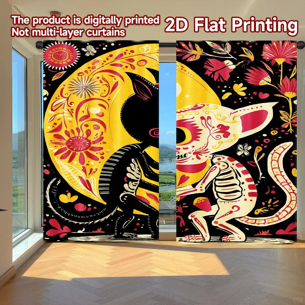 

Flat Printing Curtains Without Rod Halloween Moon Cat New Year Holiday Digital Durable Curtain Set Of 2 Made Polyester Washable W100*H70(CM)-Rod Pocket&2PCS