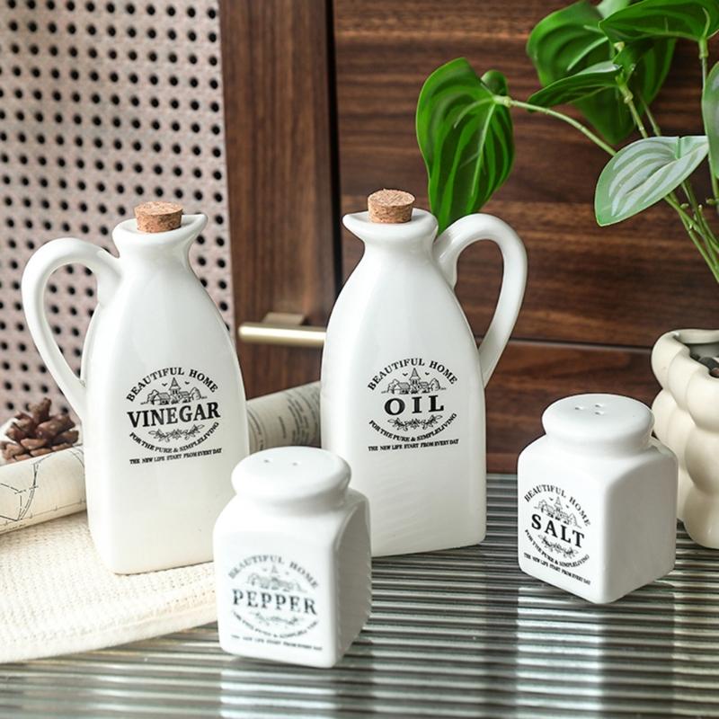 4pcs Ceramic Dispenser Set Including Oil Bottle Vinegar Bottle Salts Pepper Shaker Practical for Home Cooking