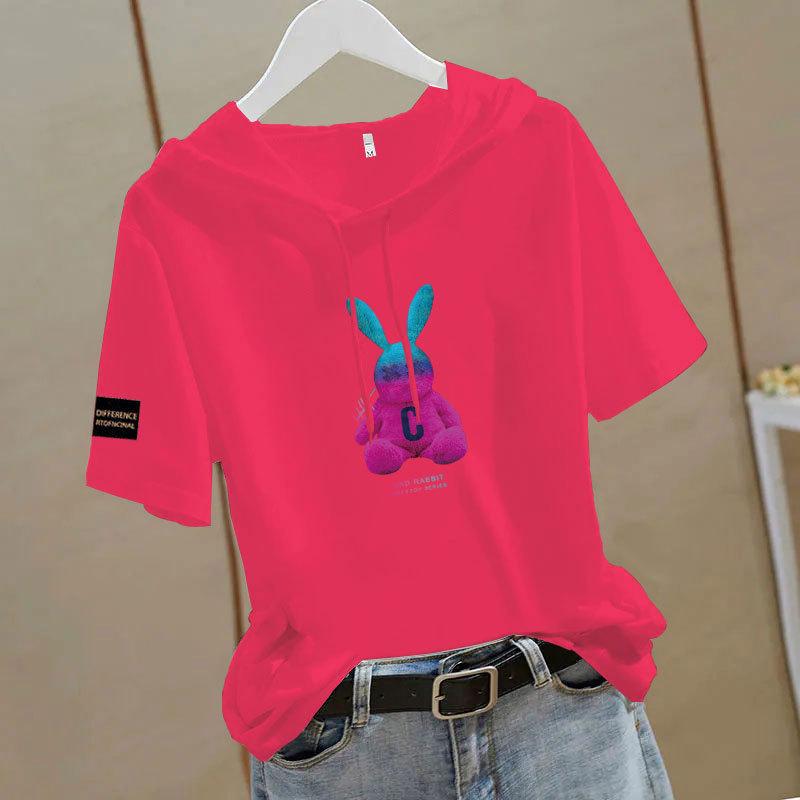 100% Cotton Ethnic Style Hooded Loose Short Sleeve Women's T-shirt - Summer Casual Versatile Top