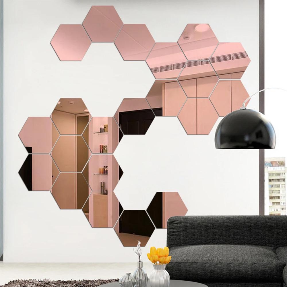 12-teilige hexagonale Acrylspiegel-Wandaufkleber zur DIY-Dekoration—Selbstklebende Aufkleber für Wohnzimmer, Flur und Treppenhaus.
