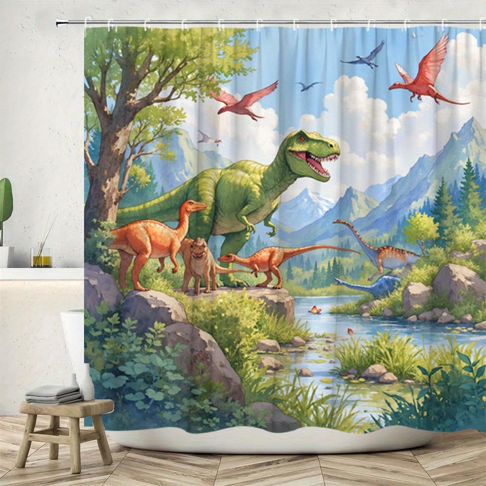 Dinosaur Shower Curtain T-Rex and Friends in Jungle Print Waterproof Polyester Bathroom Decor Bath Curtain Set (as the picture,90x180cm35x71in)