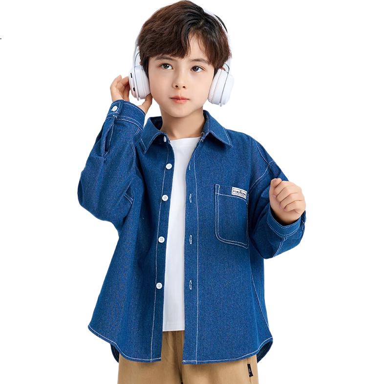 Luomeng Children's Denim Long-Sleeve Shirt, Versatile Jacket for Boys And Girls, Blue Shirt for Spring And Autumn, New Style, Dark Blue, Size 110