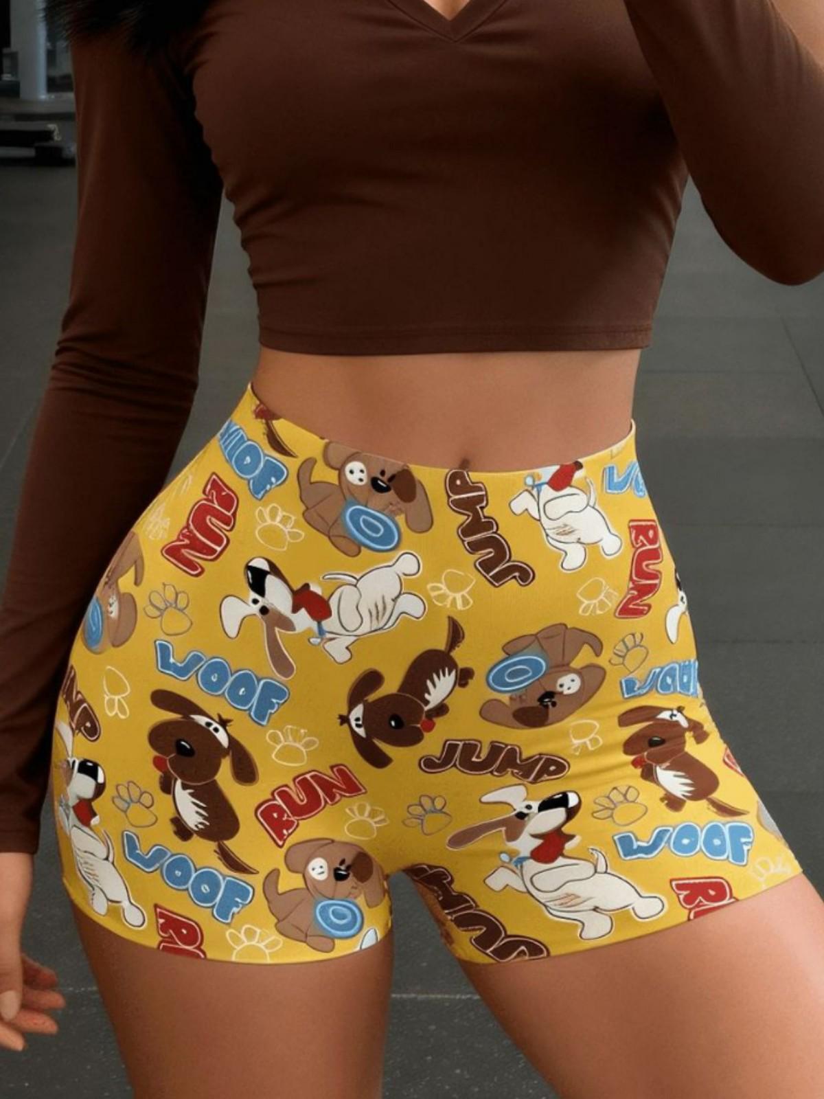 High-Waisted Tummy-Control Dog Print Pilates Shorts for Girls - No Embarrassing Lines Medium