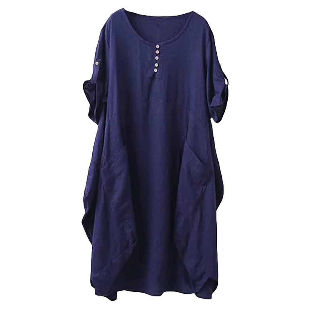 Women's Fat MM Linen Plus Size Lantern Skirt Round Neck Waist Dress