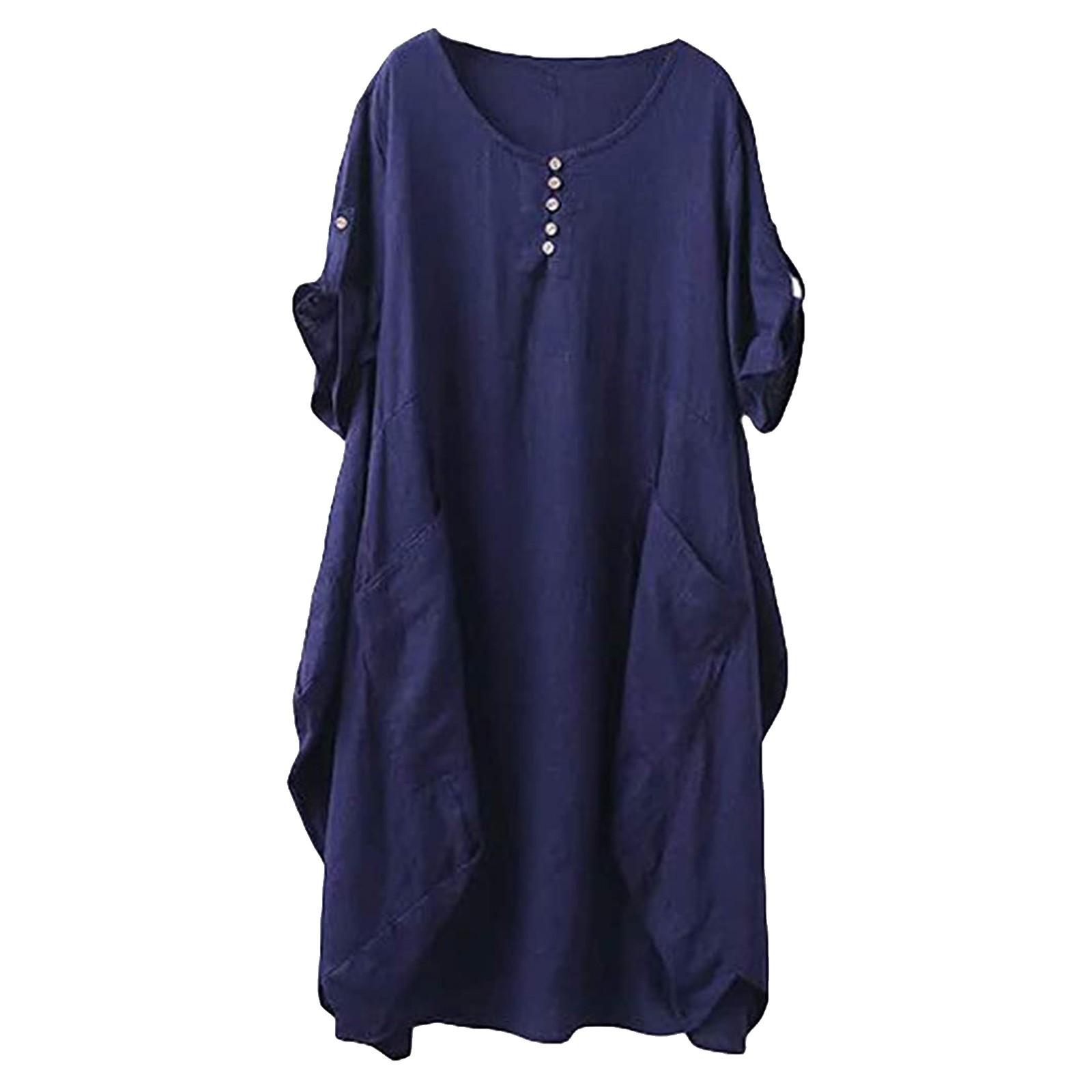 

Женская льняная юбка-фонарик размера плюс с круглым вырезом и талией, платье размера плюс XL тёмно-синий