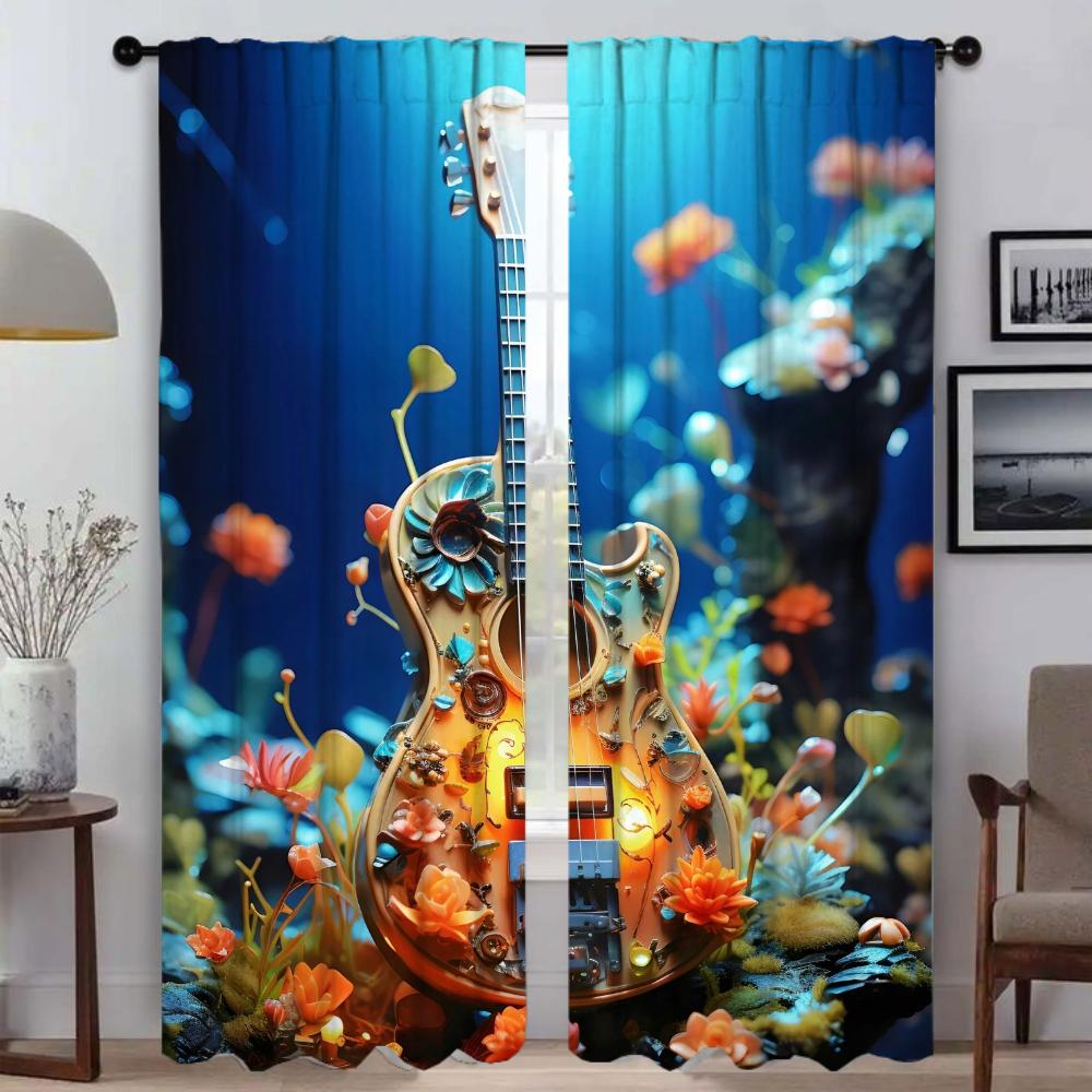 Antique Guitar Curtain Room Panel Curtains Bedroom Home Interior Halloween Decoration Shades Blinds Darkening Polyester Ideal For Master