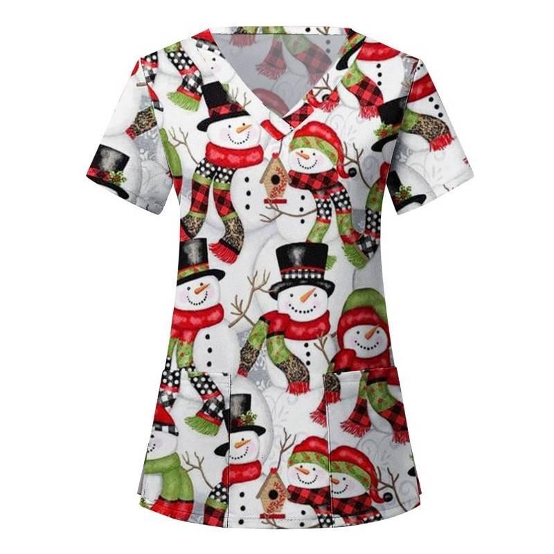 

Christmas Womens Scrubs Printed Uniform Nursing Tops Flowers Shirt Clothing White,XXL