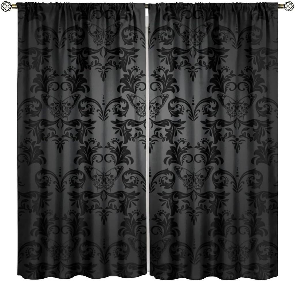 Gothic Black Damask Curtain Vintage Floral Exotic Suger Skull Window Treatments Bedroom Bone Skeleton Antique Bohemian Polyester Washable Ready