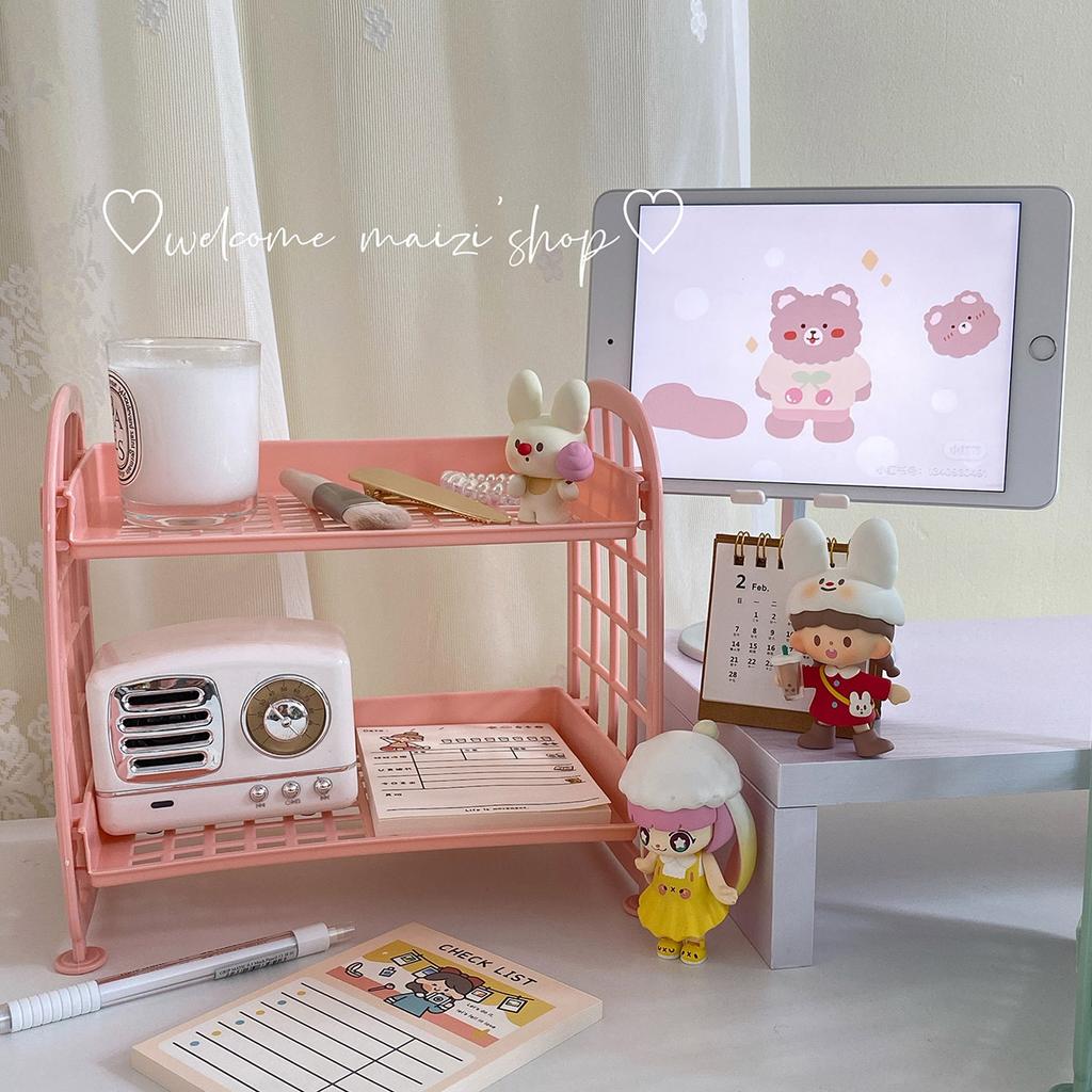 Ins Cute Room Storage Organizer Storage Rack Kawaii 2 Layer Desktop Cosmetic Jewelry Storage Rack Bathroom Rack Storage Shelf