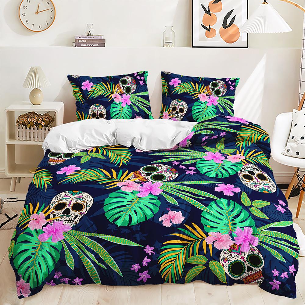 Three-Piece 3D Quilt Cover Rose Skull Dark Wind Kit Bedding