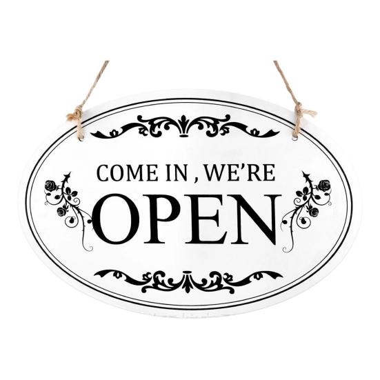 Oval Shaped Welcome Plaque Wooden Open Closed Sign, Double-Sided Hanging Door Sign with Vintage Indoor Store Front Display Frame, Waterproof