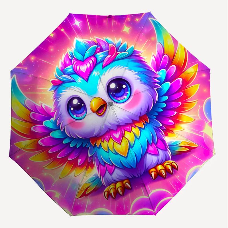 1PC Owl Fantasy Automatic Open/Close Umbrella with Windproof, 8-Rib Sturdy Canopy, Durable Ribs, Fashionable Design, Outdoor Accessory, Fun Prin, Holi