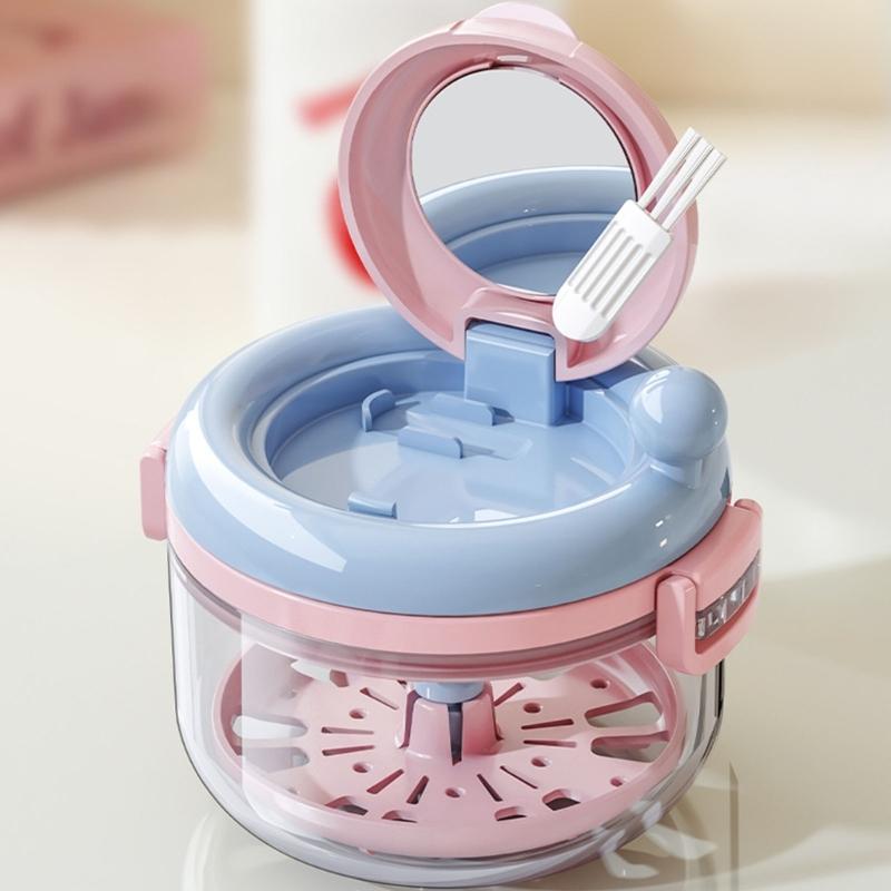 Portable Denture Cleaning Box Featuring Mirror Compartment Hand Cranked Retainer Organizers