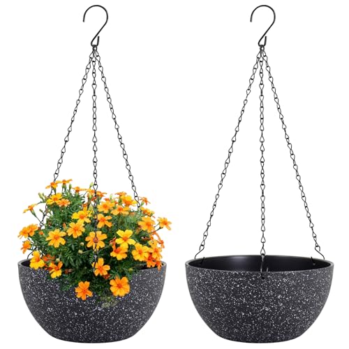 10 Inch 2 Pack Hanging Flower Pots with Drainage Holes and Chain for Garden Porch Plants, for House Plants Decor,