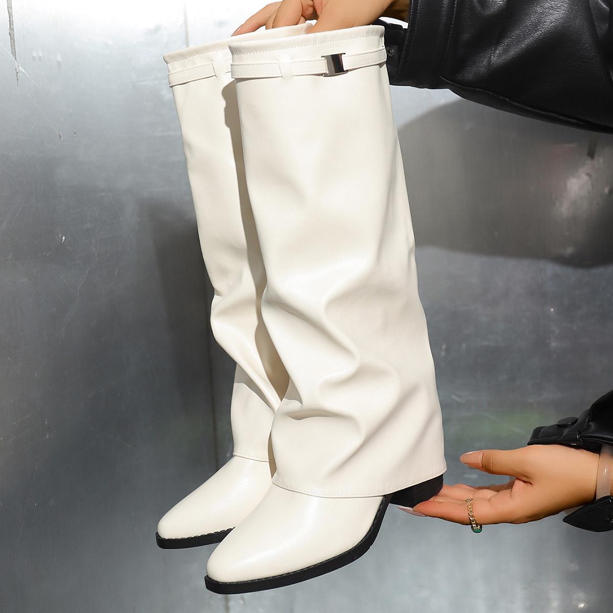 

Женские сапоги до колена Элегантная обувь Женский тренд Роскошная мода Круглый носок Каблуки Черный Большой размер Удобные Массивные Длинный голенище 36