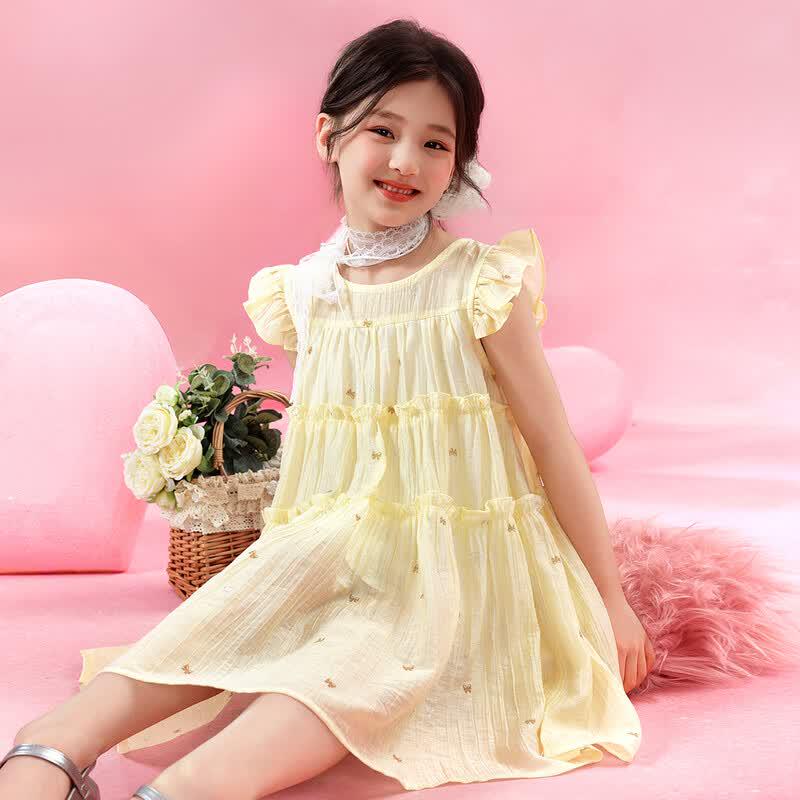 Xiaohu Patty Girls  Summer Bow Print Flying Sleeve Princess Dress 130cm