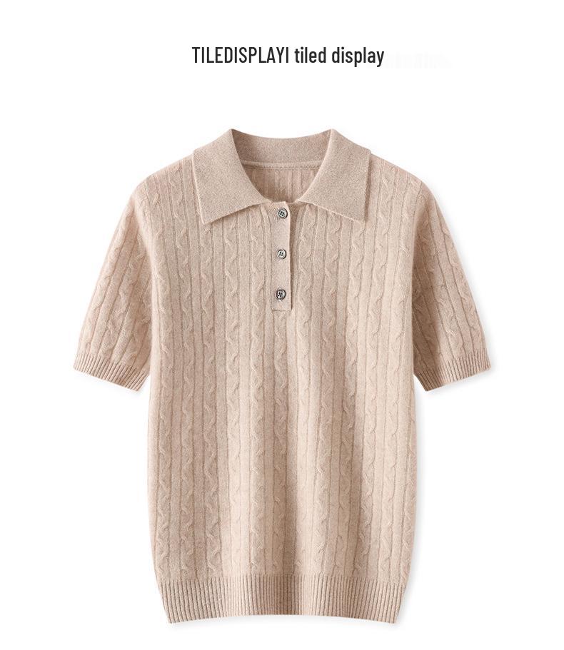 Short-Sleeve Women's Cashmere Polo with Lambswool Collar, Loose Fit, Versatile Cable Knit.