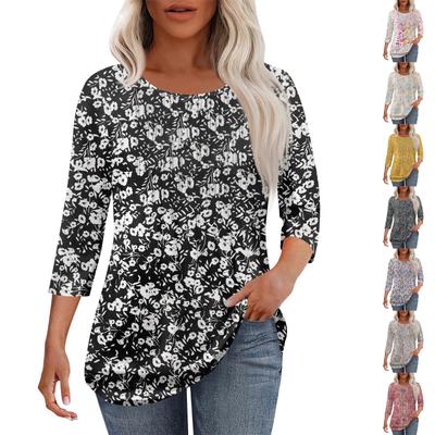 Women's Fashionable Casual Pleated Round Neck Casual Floral Print Seven Quarter Sleeved T-shirt Top