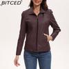 BITCED Fashion Women's Leather Jacket, Short Leather Jacket, Knitted Patchwork Stretch Coat