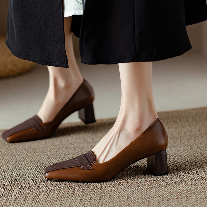 2024 Spring Summer Basic Women Pumps Office Ladies Party High Quality Genuine Leather Thick Heels Shoes Woman Fashion Concise